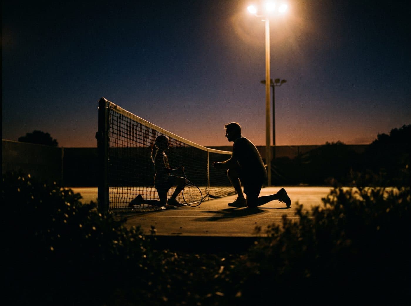 A tennis coach kneels at the net talking with a young athlete on a park court at dusk