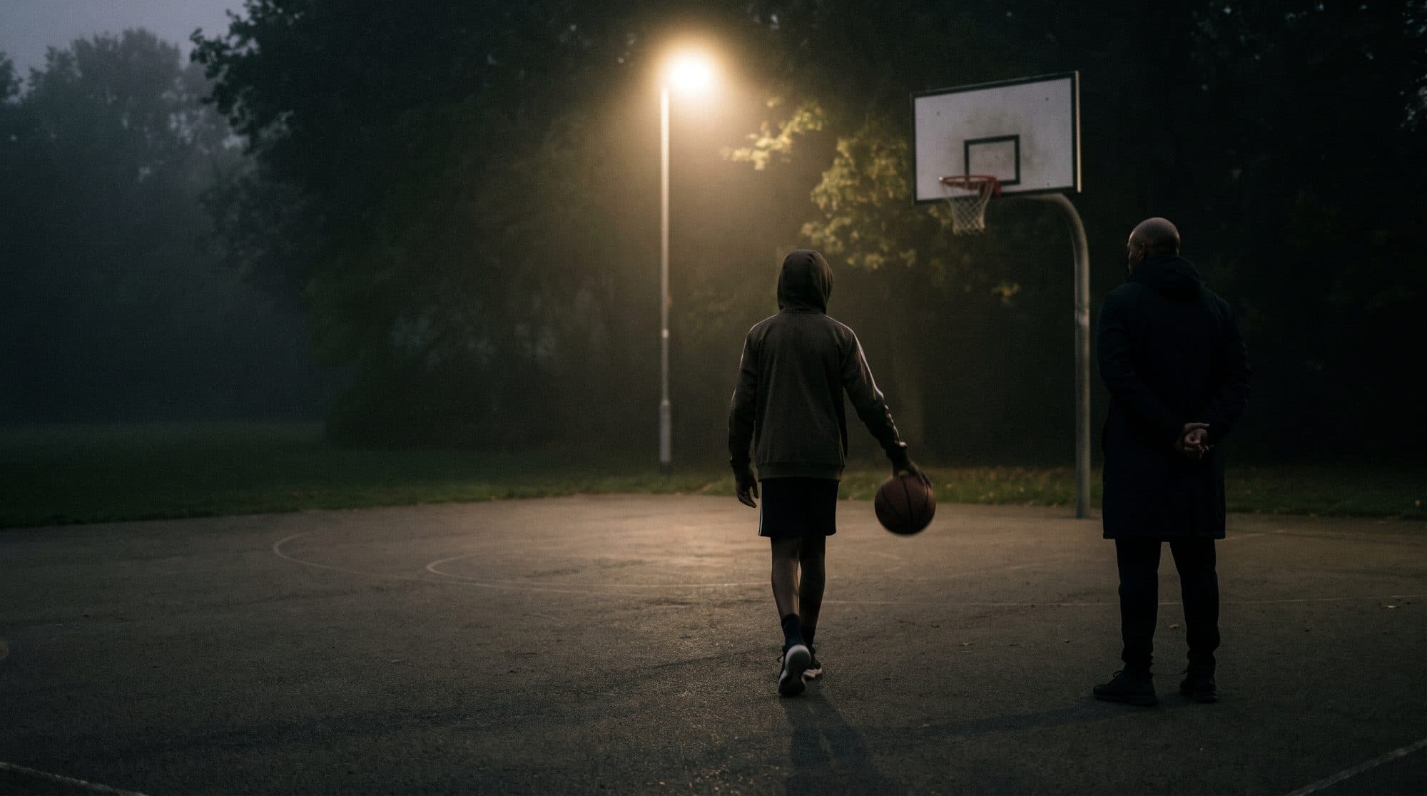 A young athlete dribbles a basketball toward the hoop under a park floodlight at dusk while their coach watches