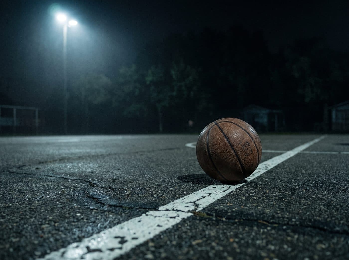 A worn basketball resting on the painted boundary line of a night court